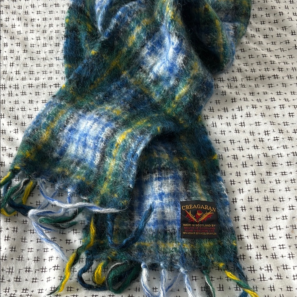 Vintage Creagaran scarf, blue/green/white plaid, mohair/ wool, fringe, 7x52”